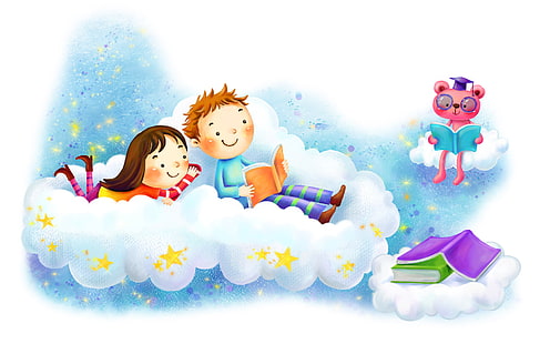 HD wallpaper: Art, Kids, Boy, Girl, Reading, Books, Clouds, Simple  Background, Stars | Wallpaper Flare