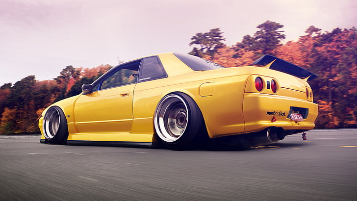 slammed yellow Nissan GT-R R33 coupe, skyline, r32, car, land Vehicle, HD wallpaper