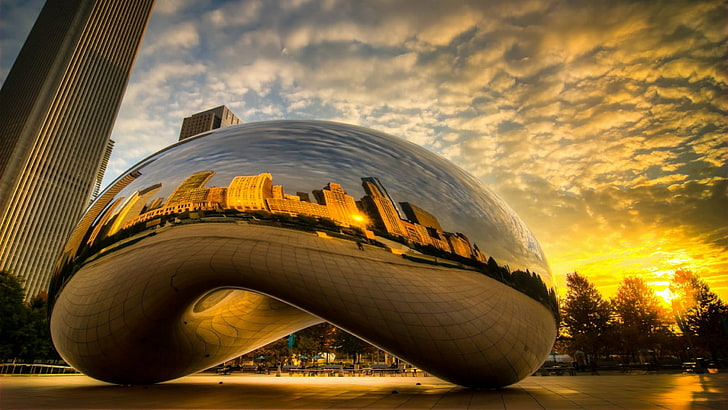 reflection, sky, yellow, landmark, architecture, chicago bean, HD wallpaper