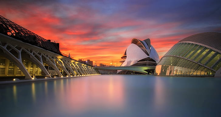 City of Arts and Sciences, Valencia, Spain, Sunset, 4K, HD wallpaper