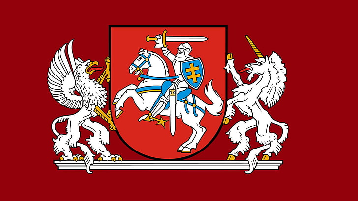 Lithuania, coat of arms, flag, horseman, full length, red, mammal