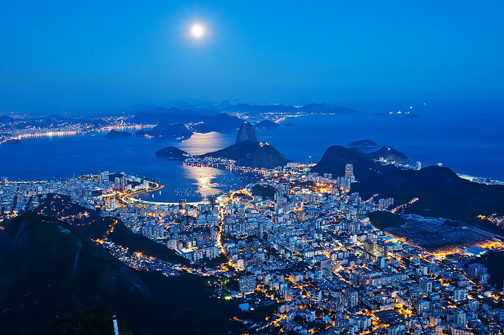 cityscape at night wallpaper, Rio de Janeiro, water, nature, sea