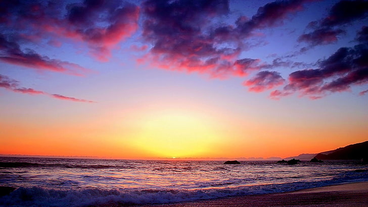 landscape, sunset, skyscape, purple sky, horizon, sea, water, HD wallpaper