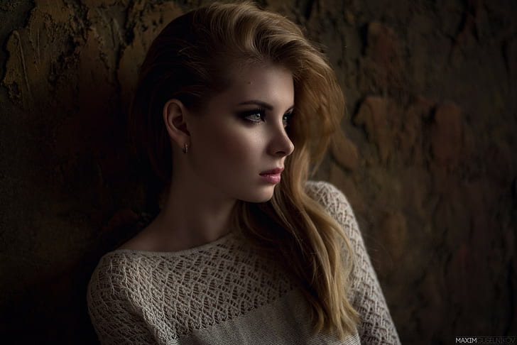 blue eyes, blonde, model, looking away, profile, wall, Maxim Guselnikov