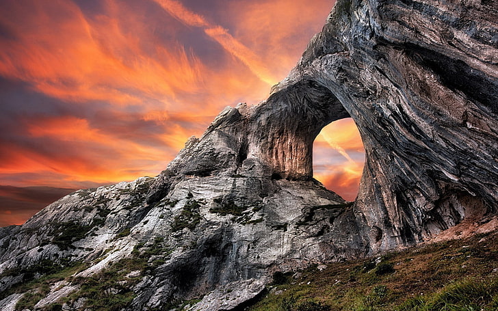 nature, landscape, rock formation, cliff, sunset, sky, orange color