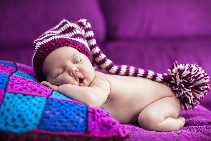 white and maroon knitted beanie, baby, sleeping, child, childhood, HD wallpaper