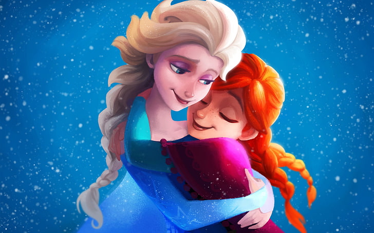 Anna and Elsa of Frozen illustration, snowflakes, figure, cartoon, HD wallpaper