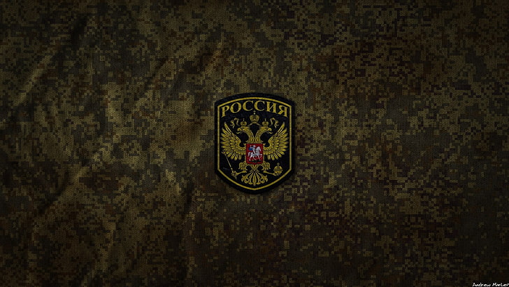 yellow and black POCCNR patch, Russian Army, camouflage, military, HD wallpaper