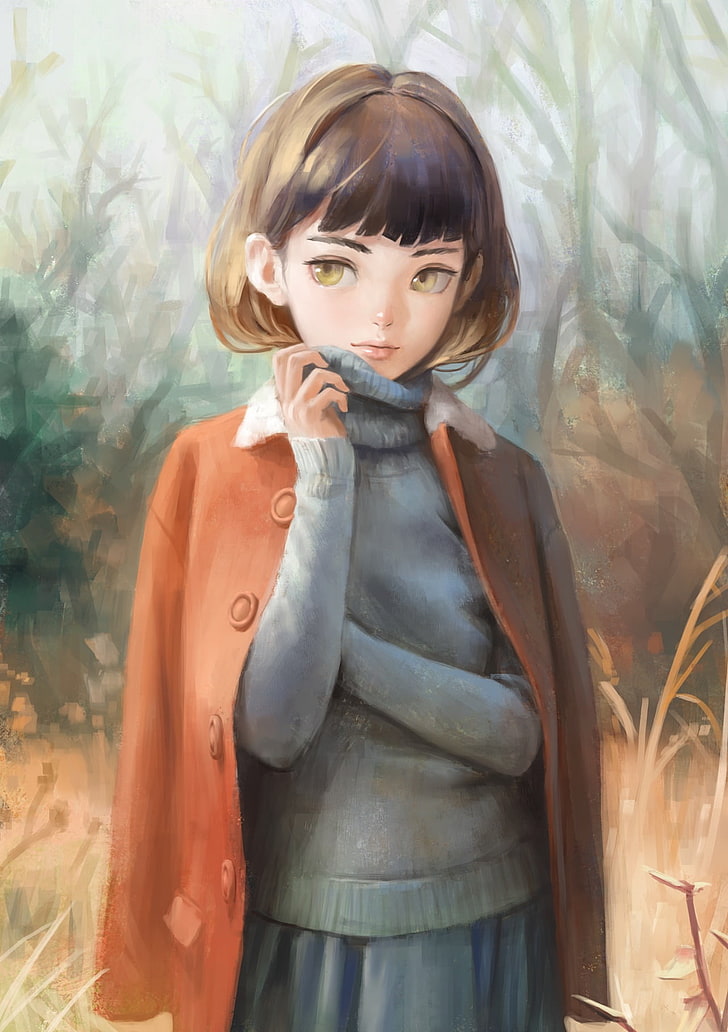 female anime character with brown jacket illustration, original characters