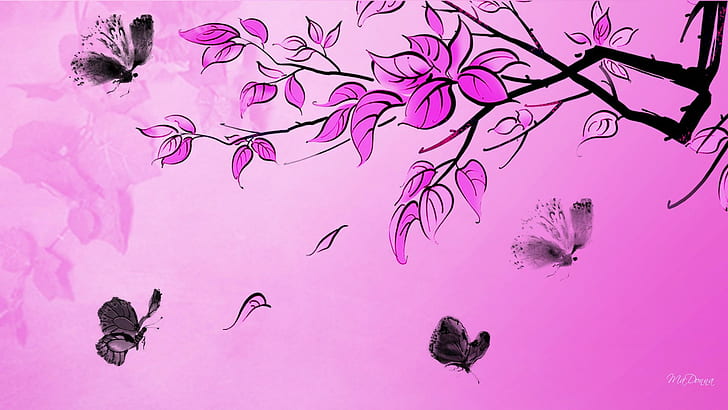 Pink With Black Butterflies, firefox persona, limb, tree, bright, HD wallpaper