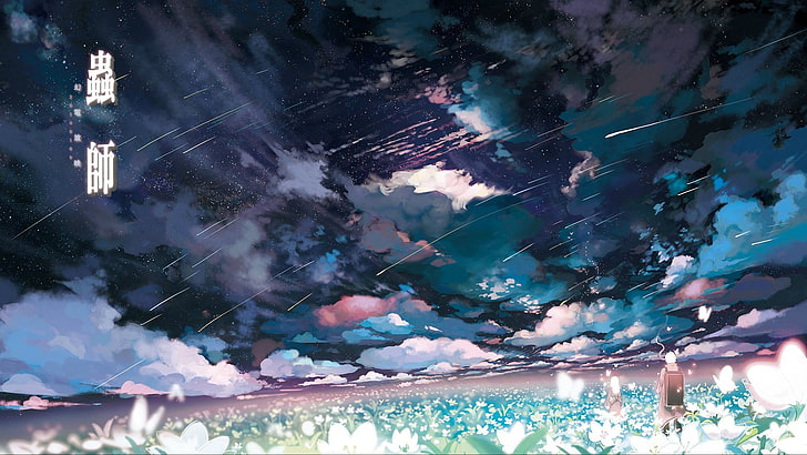 white flower field under cloudy sky painting, shooting stars