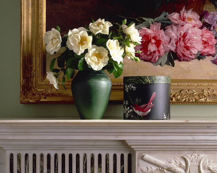 white flowers, roses, flowing, bouquet, vase, picture, box, decoration, HD wallpaper