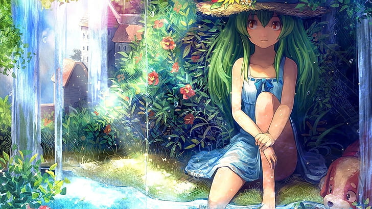 anime, anime girls, long hair, looking away, sitting, flowers, HD wallpaper