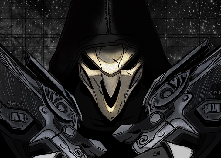 person wearing mask and holding piston illustration, Reaper (Overwatch)