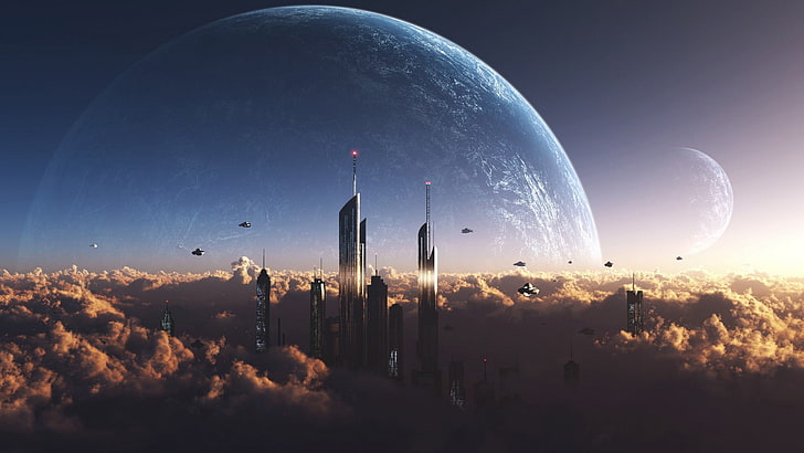 high-rise building near moon digital wallpaper, space, city, planet