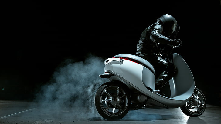 person wearing black leather jacket with pants and black full-face helmet while riding white motor scooter, HD wallpaper