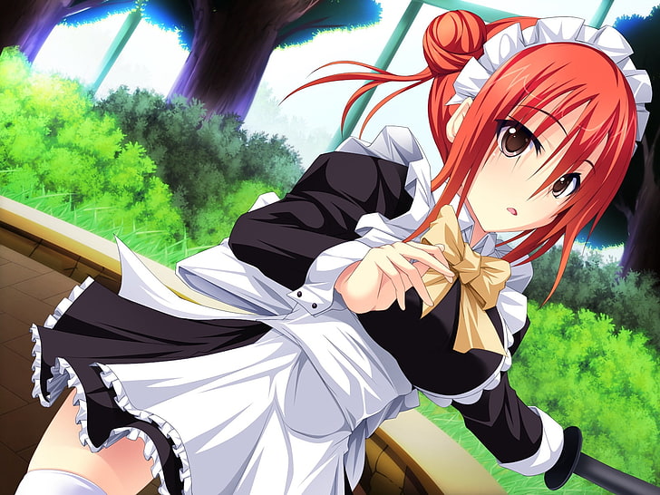 red haired female anime character, duelist x engage, girl, maid