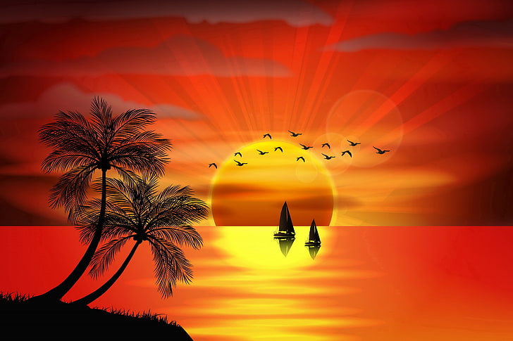 sunset on beach illustration, sea, birds, palm trees, vector