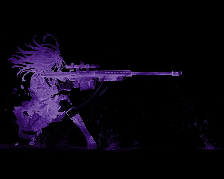 Hd Wallpaper Dark Black Background Purple Anime Girls Gun Sniper Rifle Wallpaper Flare