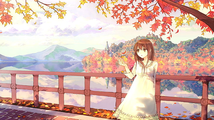 brown haired Anime character, girl near balcony illustration, HD wallpaper