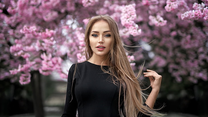 women's black scoop-neck long-sleeved top, trees, flowers, blonde, HD wallpaper