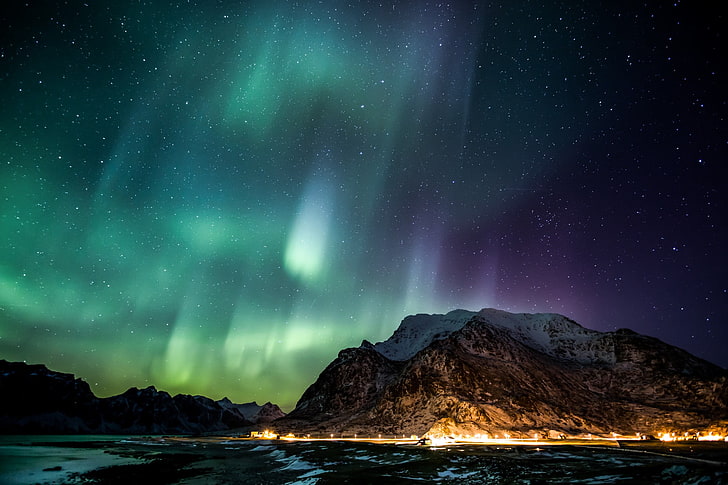 aurorae, stars, night, mountains, lights, snowy peak, star - space, HD wallpaper