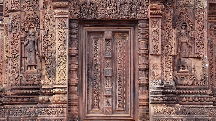 brown temple, architecture, Asian architecture, door, Cambodia, HD wallpaper