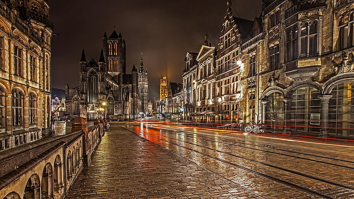 high-rise buildings, city, night, Belgium, Gent, architecture