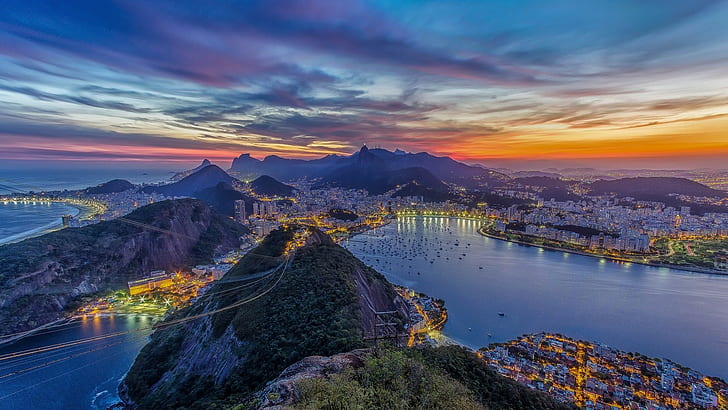 Brazil, sea, wires, boat, cityscape, long exposure, hills, Rio de Janeiro