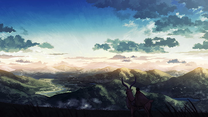 animated character riding animal illustration, Studio Ghibli