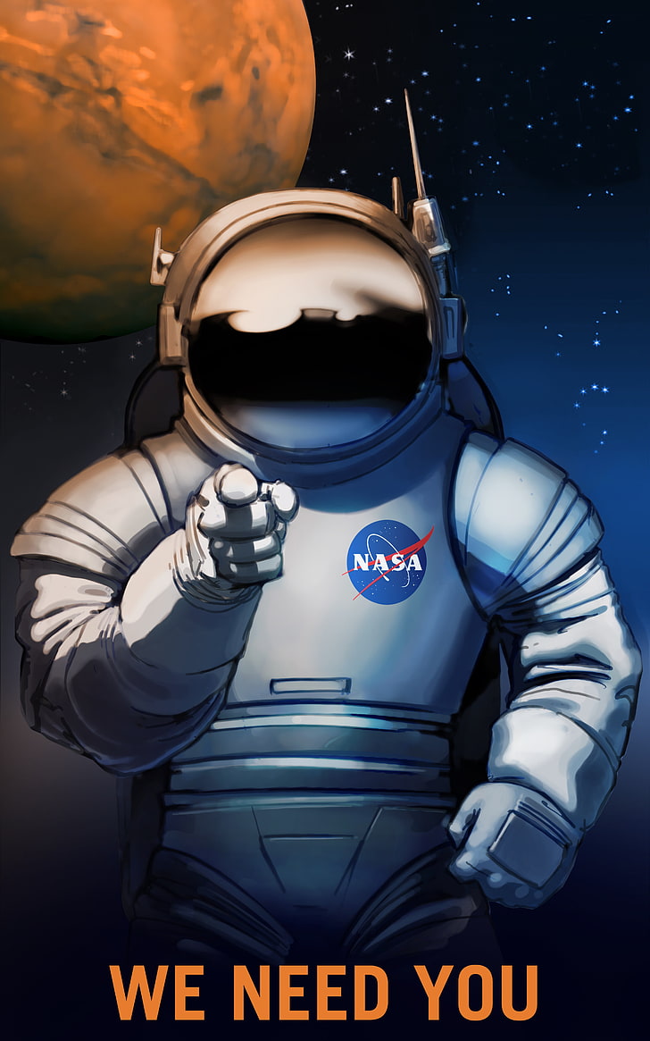 NASA astronaut we need you poster, Mars, space suit, helmet, sport