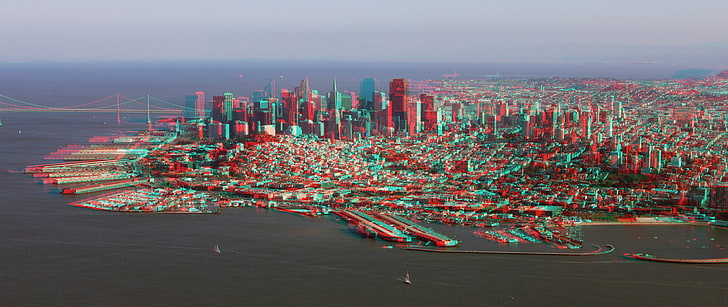aerial photography of city buildings, anaglyph 3D, San Francisco