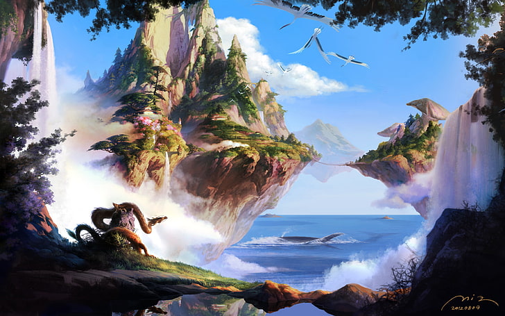 floating islands above body of water illustration, sea, trees