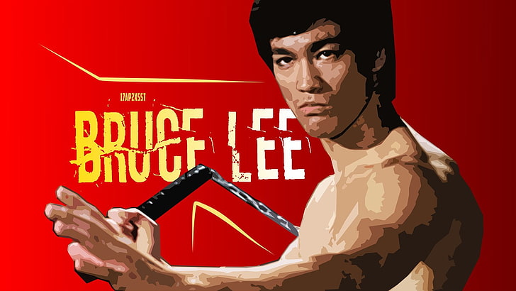 Actors, Bruce Lee, Kung Fu, Nunchucks, Portrait, Red