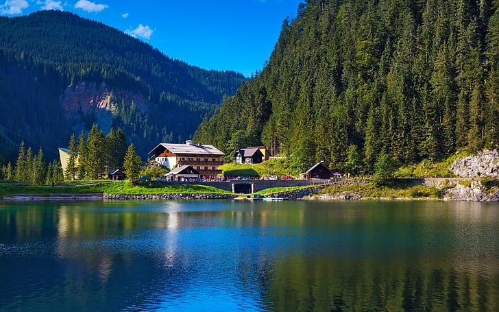 Alps, mountains, trees, lake, house, nature greenery