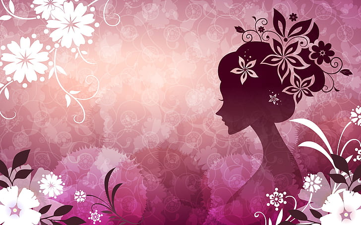 Vector woman with flowers pink theme, HD wallpaper