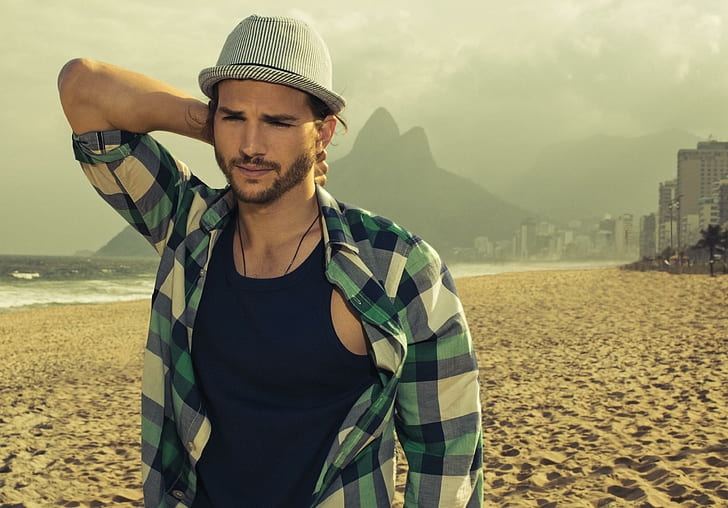 Ashton Kutcher Hat, men's black tank top and green, white and black plaid zip up long sleeve top, HD wallpaper