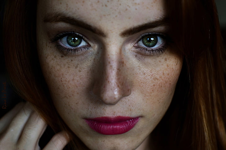 women, model, face, portrait, freckles, green eyes, human body part