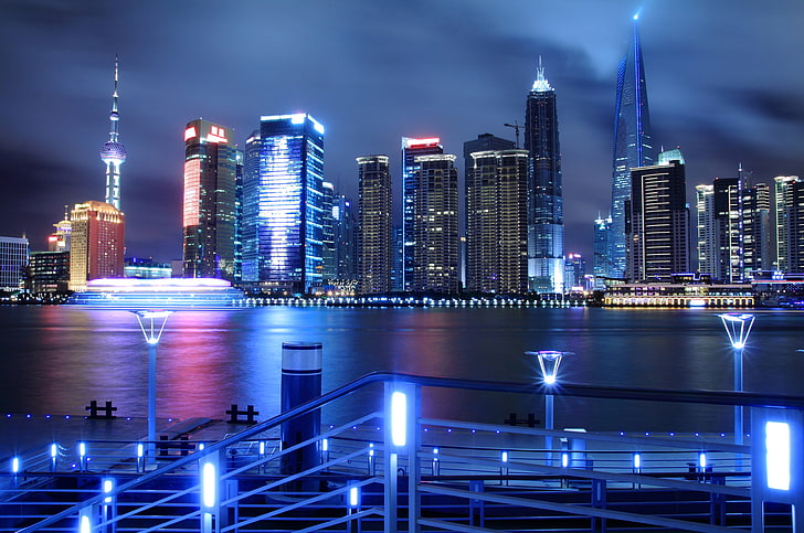 city buildings, night, the city, lights, river, China, skyscrapers