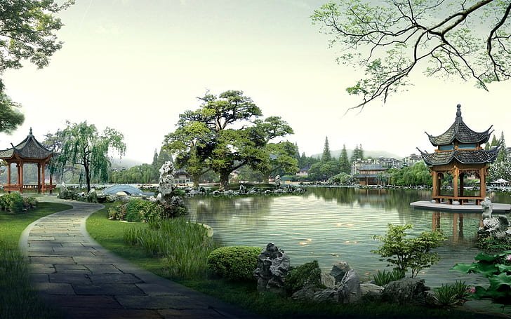 landscape, garden, pavilion, Asian architecture, lake, path, HD wallpaper