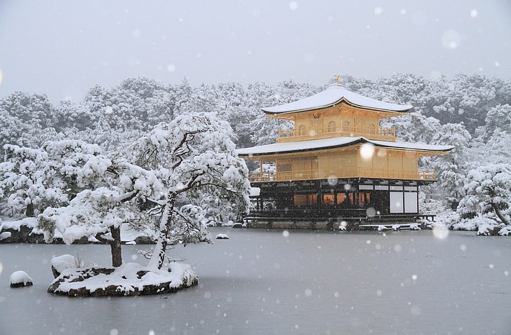 Temples, Kinkaku-ji, Japan, Kyoto, Snowfall, The Golden Pavilion