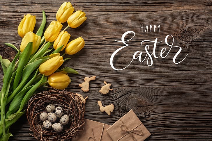 flowers, eggs, bouquet, yellow, colorful, Easter, tulips, happy, HD wallpaper
