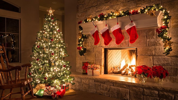 christmas, christmas tree, home, fireplace, christmas lights, HD wallpaper