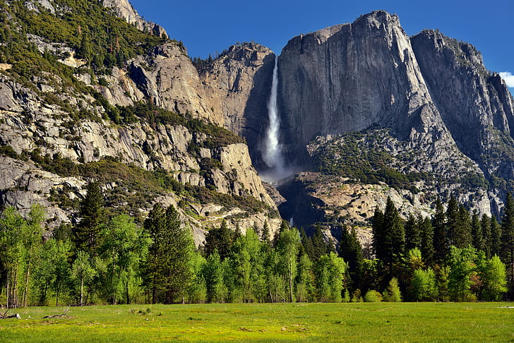 waterfall in mountain side landscale photography, Yosemite Falls, HD wallpaper