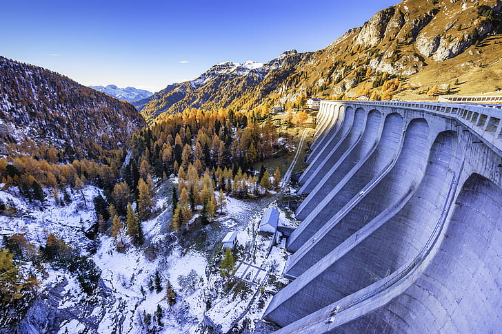 autumn, snow, trees, mountains, dam, Italy, Trentino-Alto Adige / Südtirol, HD wallpaper