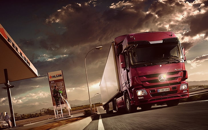 red Mercedes-Benz freight truck, trucks, vehicle, clouds, cloud - sky, HD wallpaper