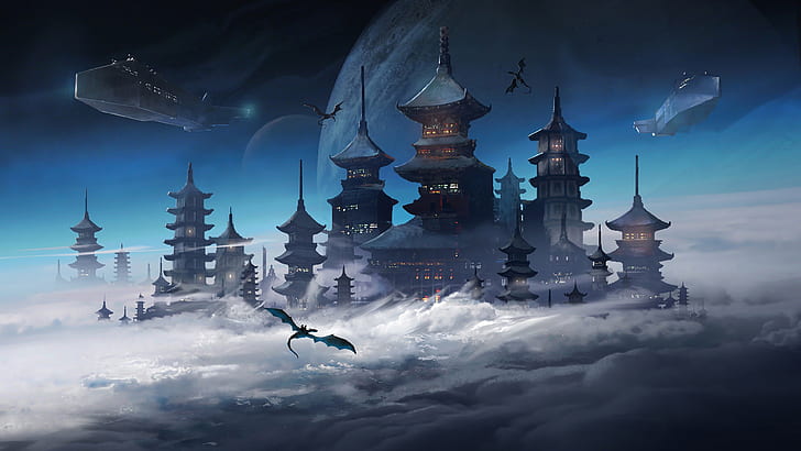 Sci Fi, Fantasy, Building, Castle, City, Cloud, Dragon, Japanese, HD wallpaper