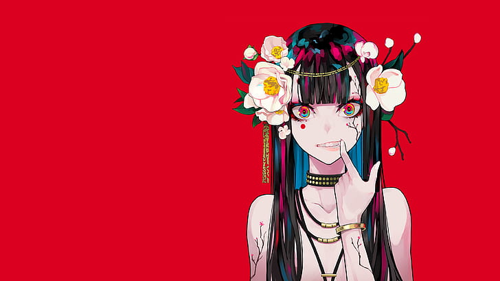 HD wallpaper: artwork, minimalism, anime girls, flower in hair, red  background | Wallpaper Flare