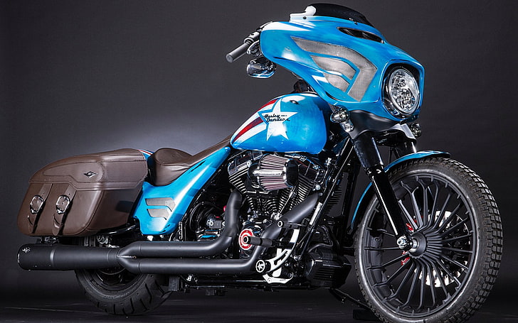 Captain America Street Glide Special, blue and black touring motorcycle