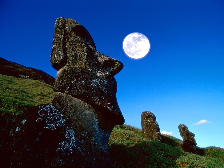 Moai, Easter Island, ancient, statue, Moon, head, sky, no people